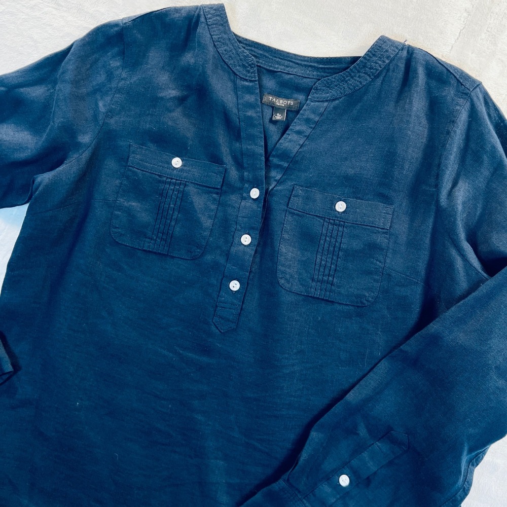 Talbots Petite Navy Blue 100% Linen Button Front Long Sleeve Blouse SP